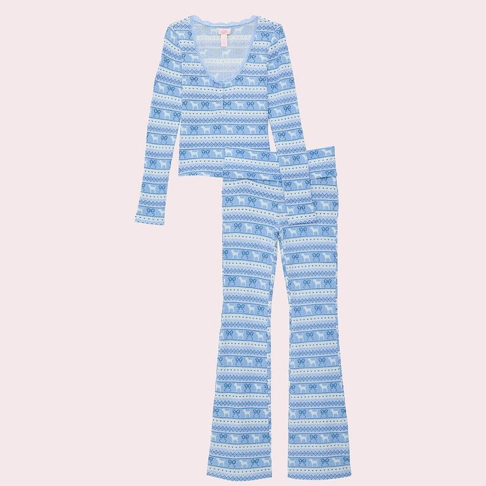 PINK x LoveShackFancy Waﬄe Long Pajama Set Windsurfer Blue Fairisle size Med NWT
